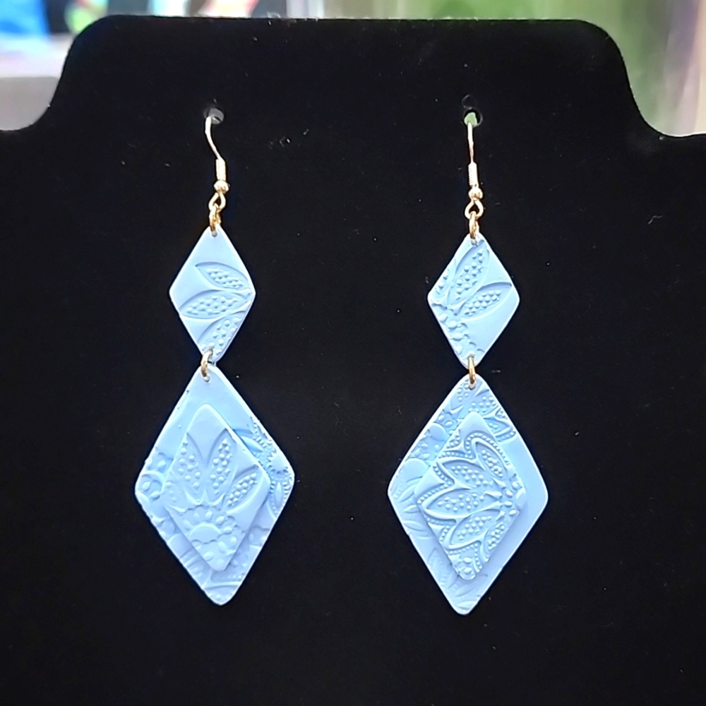 Light Blue Clay Polymer Diamond Shaped Flower Design Earrings